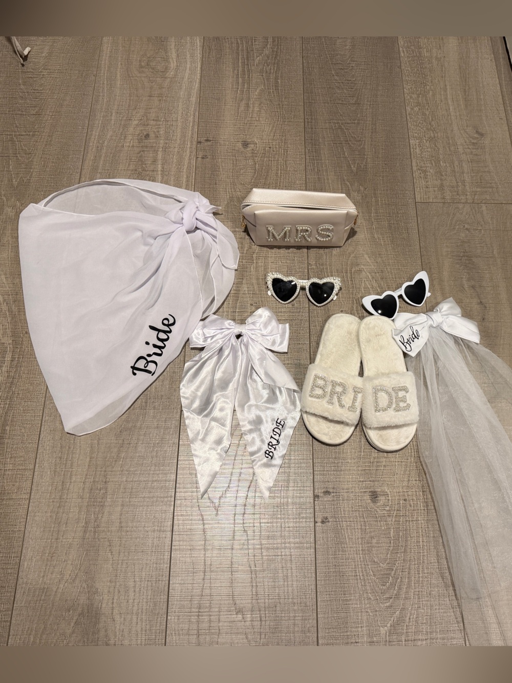 Bridal Accessory Set - White 'Bride' Headscarf, Veil & Slippers